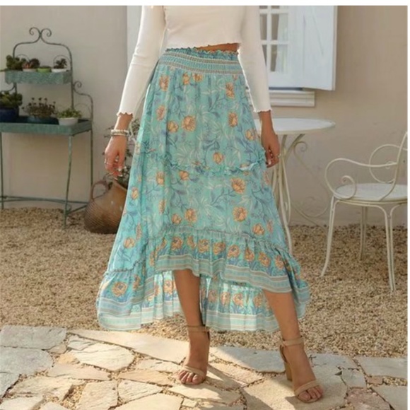 Boho Hippie Gypsy Floral HI LOw Maxi ruffle skirt - Picture 5 of 7